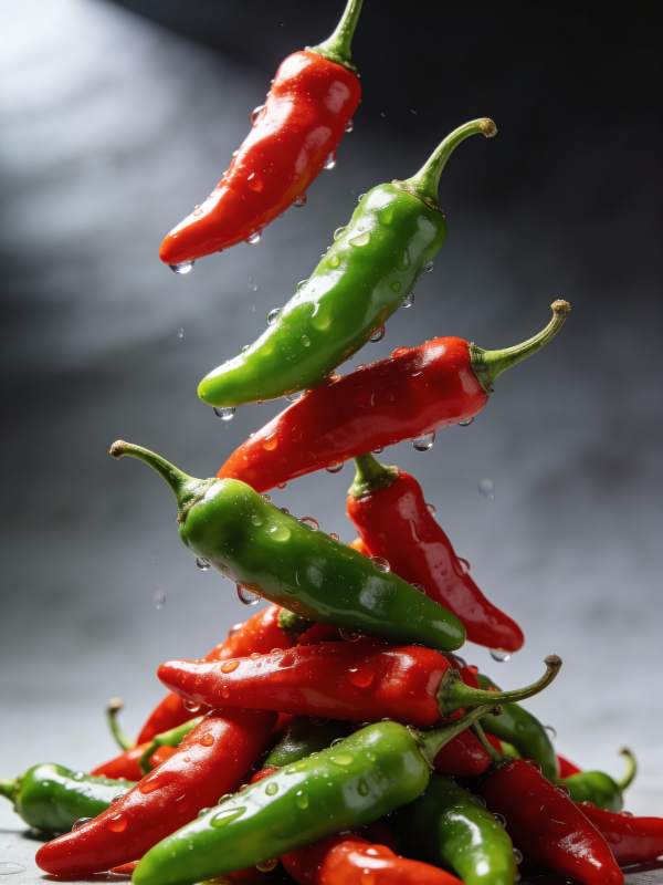 辣椒飞舞 水珠晶莹图片