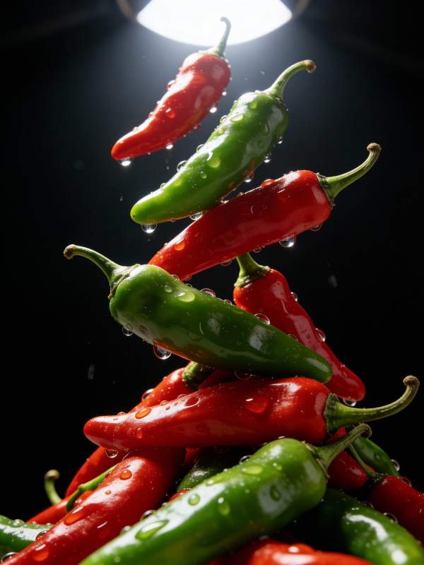 辣椒飞舞 水珠晶莹图片