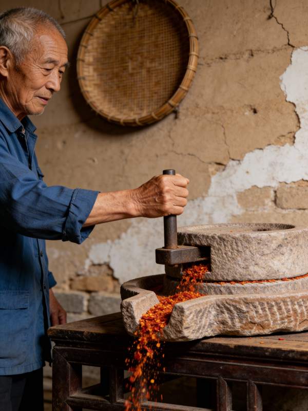 老人磨辣椒图片