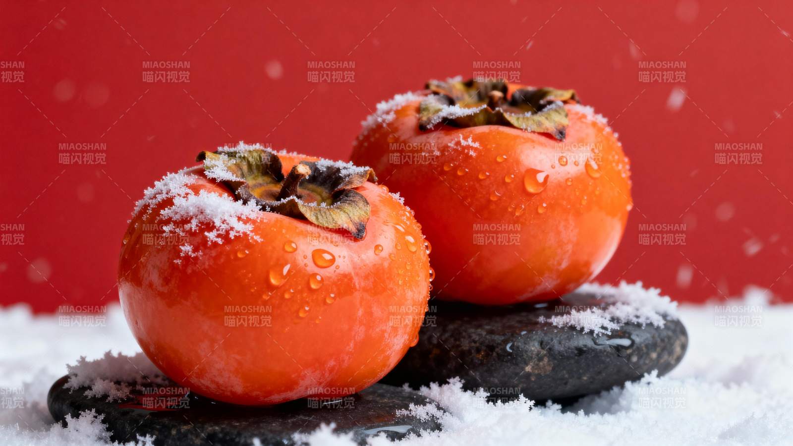 雪中柿子红润诱人图片