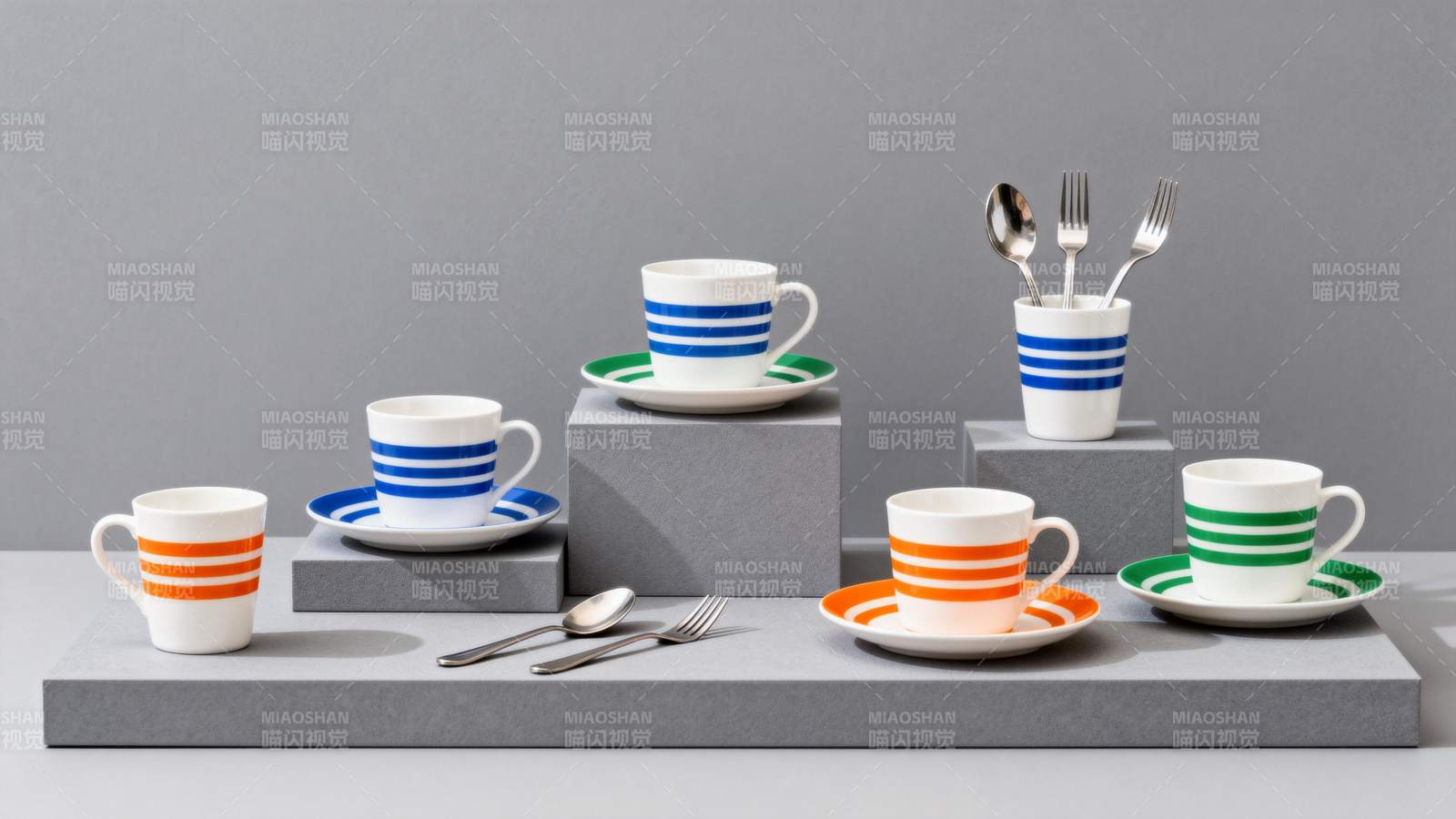 彩色条纹杯碟套装图片