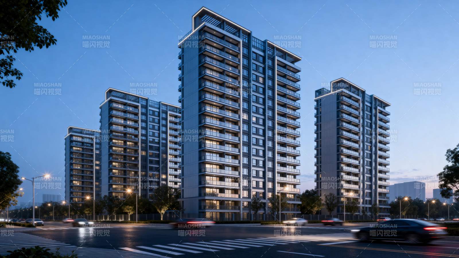 现代高层住宅夜景图片