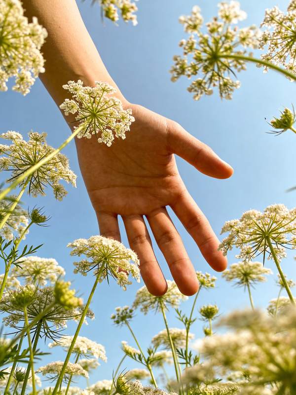 手触花海 蓝天映衬图片