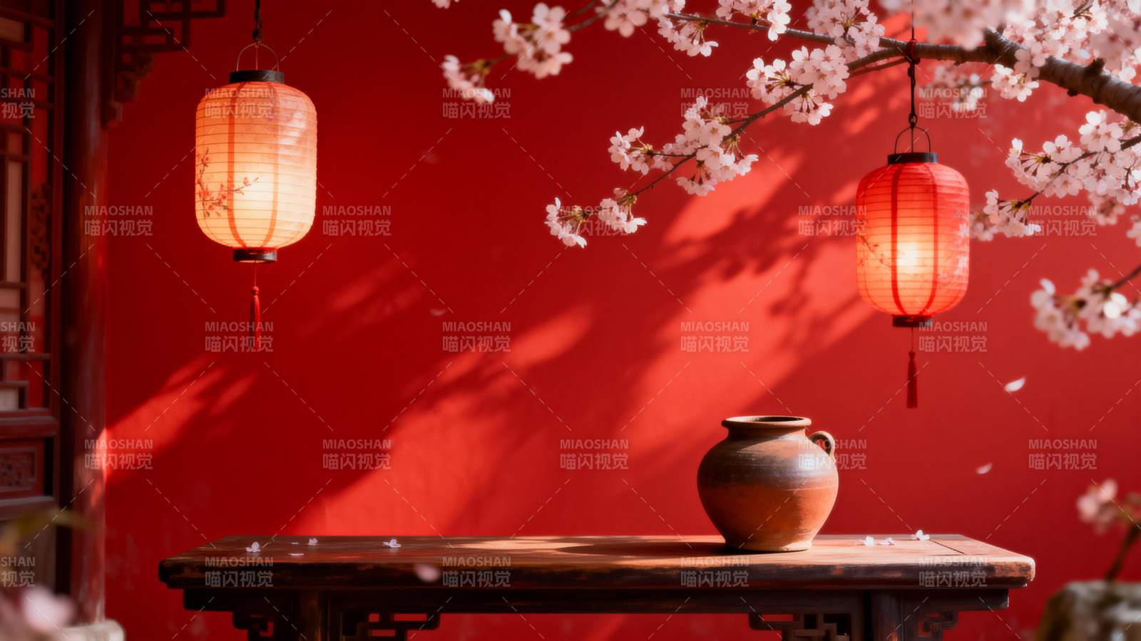 红墙花影灯影图片