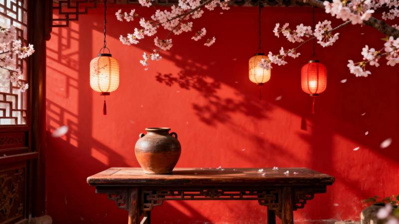 红墙花影灯影图片