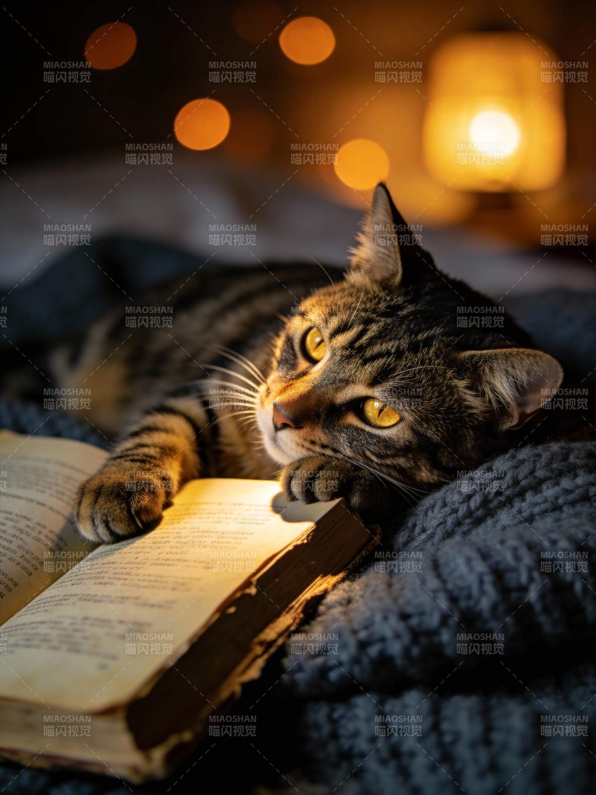 猫伴书灯夜读图片