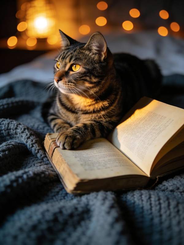 猫伴书灯夜读图片
