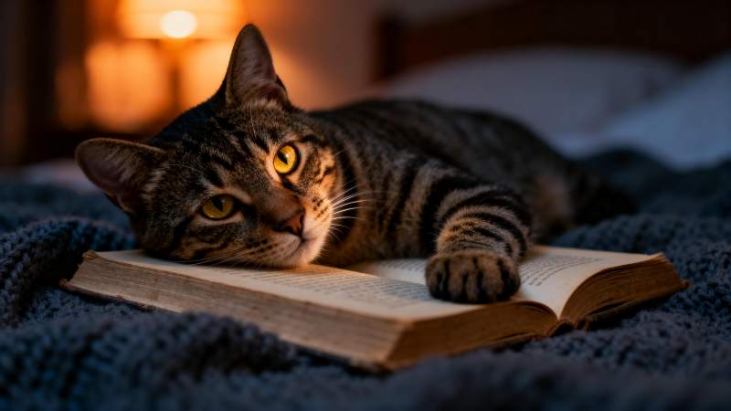 猫卧书上 静谧时光图片