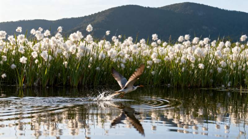 水鸟掠过花海图片
