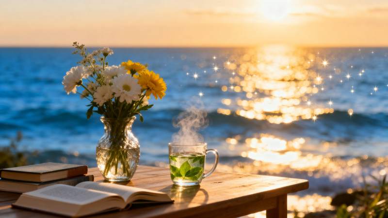 海边日落读书茶香图片