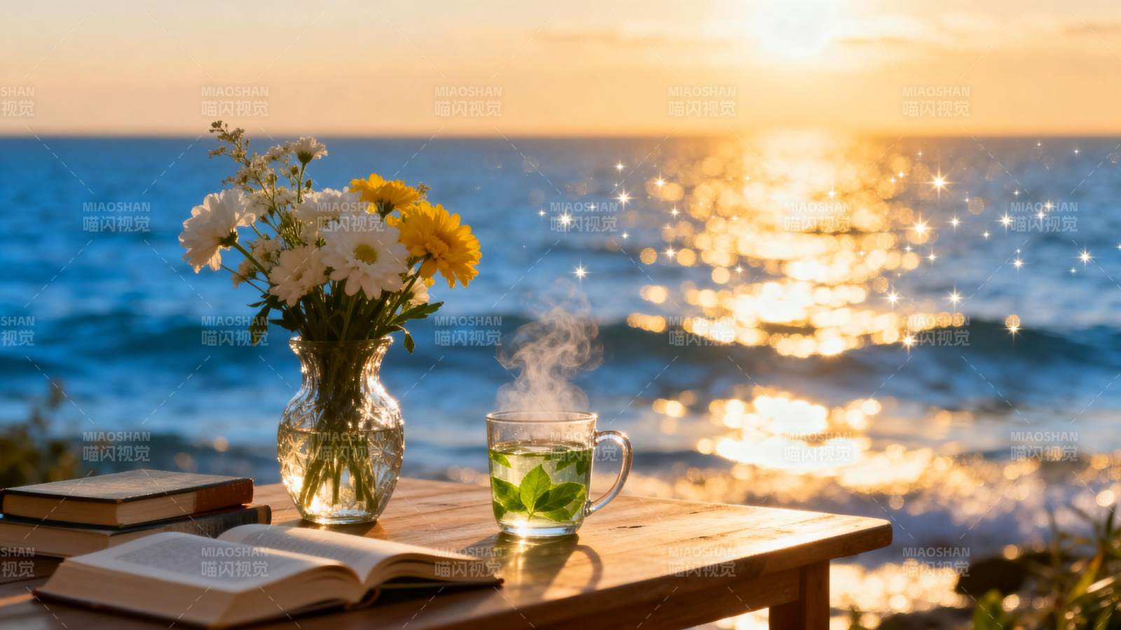 海边日落读书茶香图片