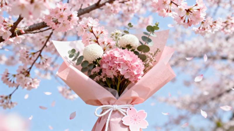 樱花下的花束图片