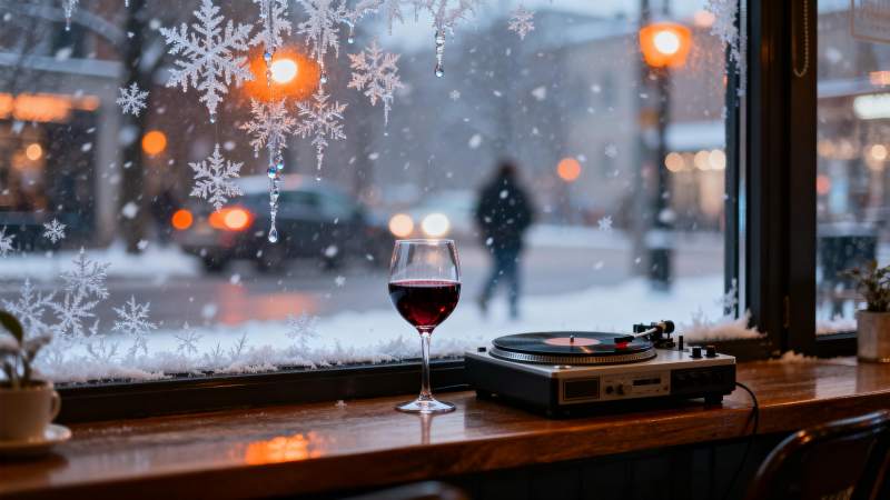 雪夜窗边品红酒图片