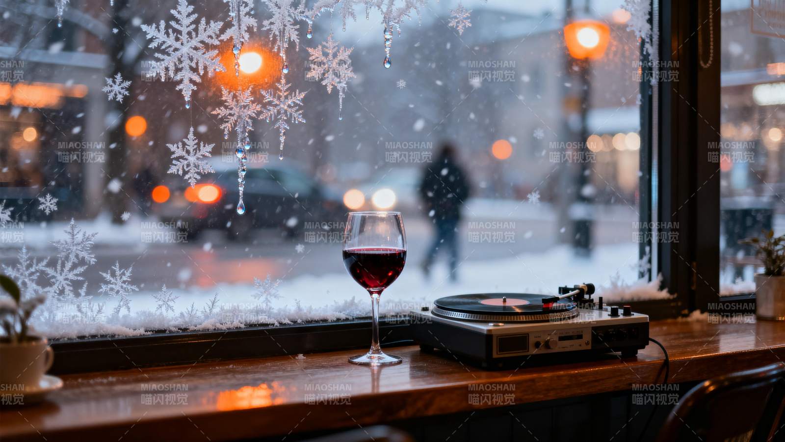 雪夜窗边品红酒图片