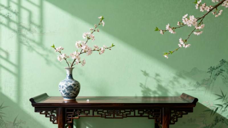 春花映绿墙图片