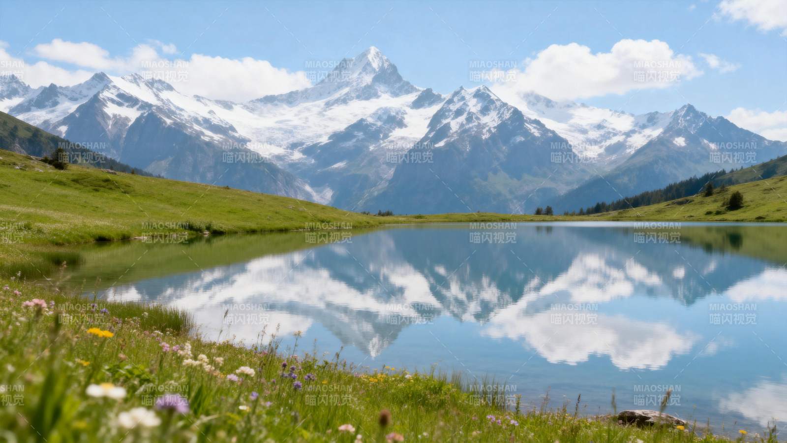 雪山倒影湖畔美景图片