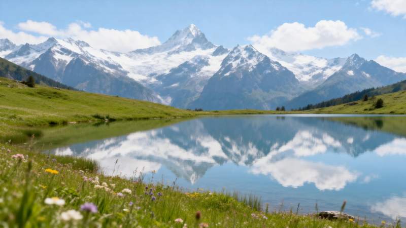 雪山倒影湖畔美景图片