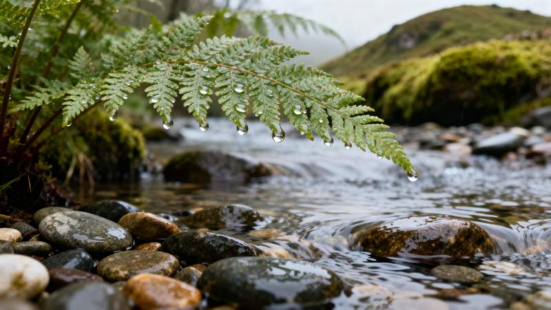 溪畔蕨叶水珠图片