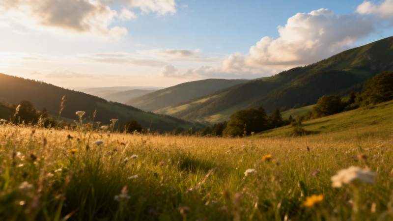 山野花海夕阳图片