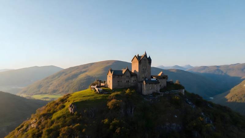 山顶古堡晨光图片