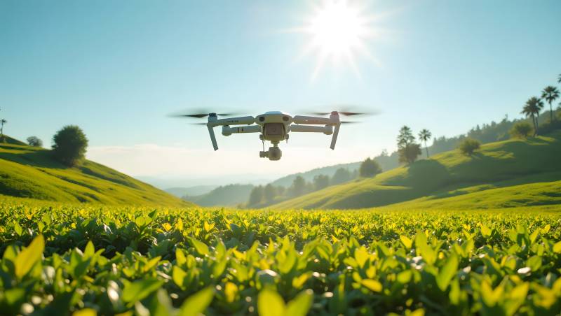 无人机飞越茶园图片