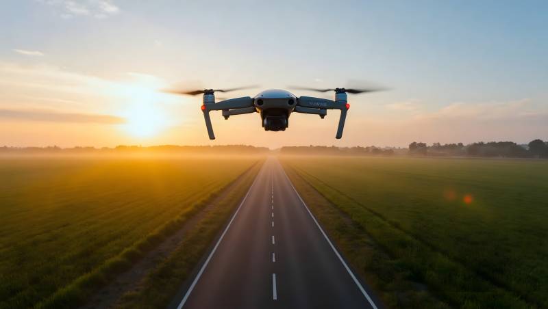 无人机飞越乡间公路图片